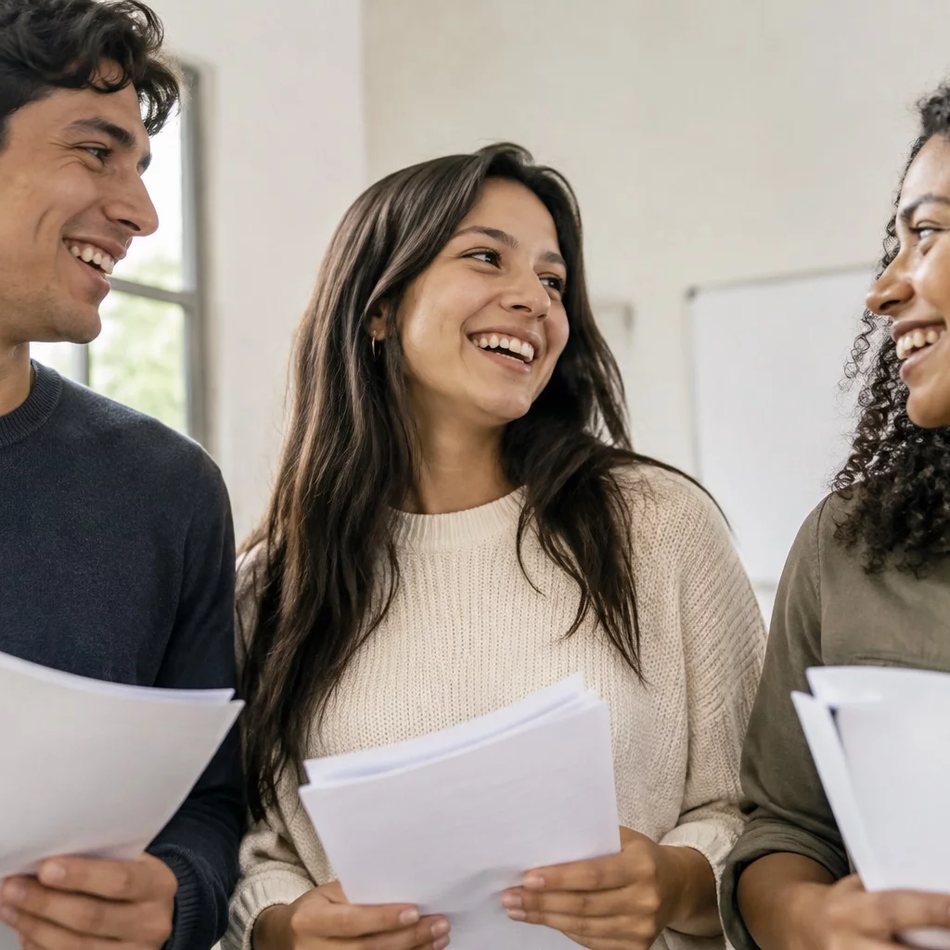 Turma em volta da mesa no fim do encontro, conferindo as anotações que fez durante a sessão